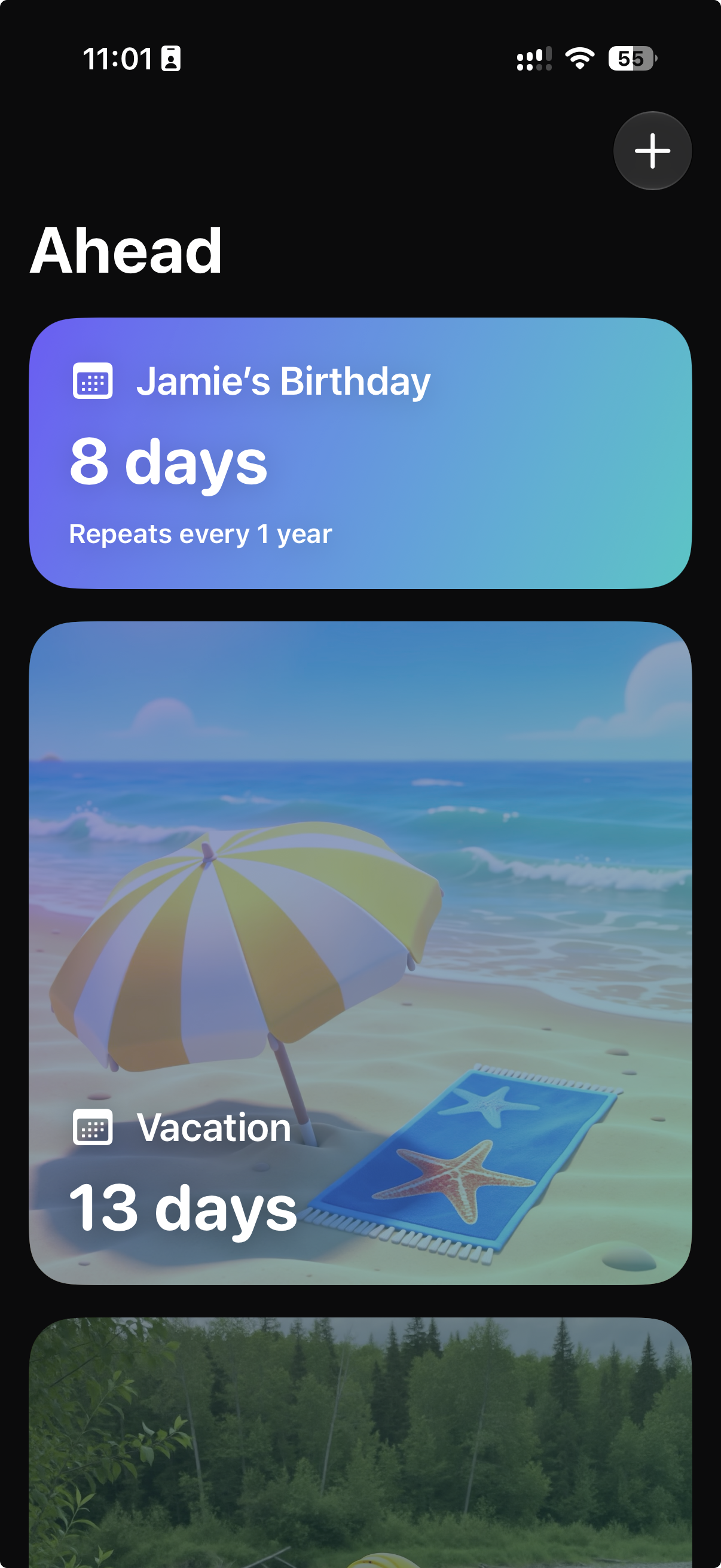 Ahead app in dark mode showing birthday, holiday, and recurring countdown cards