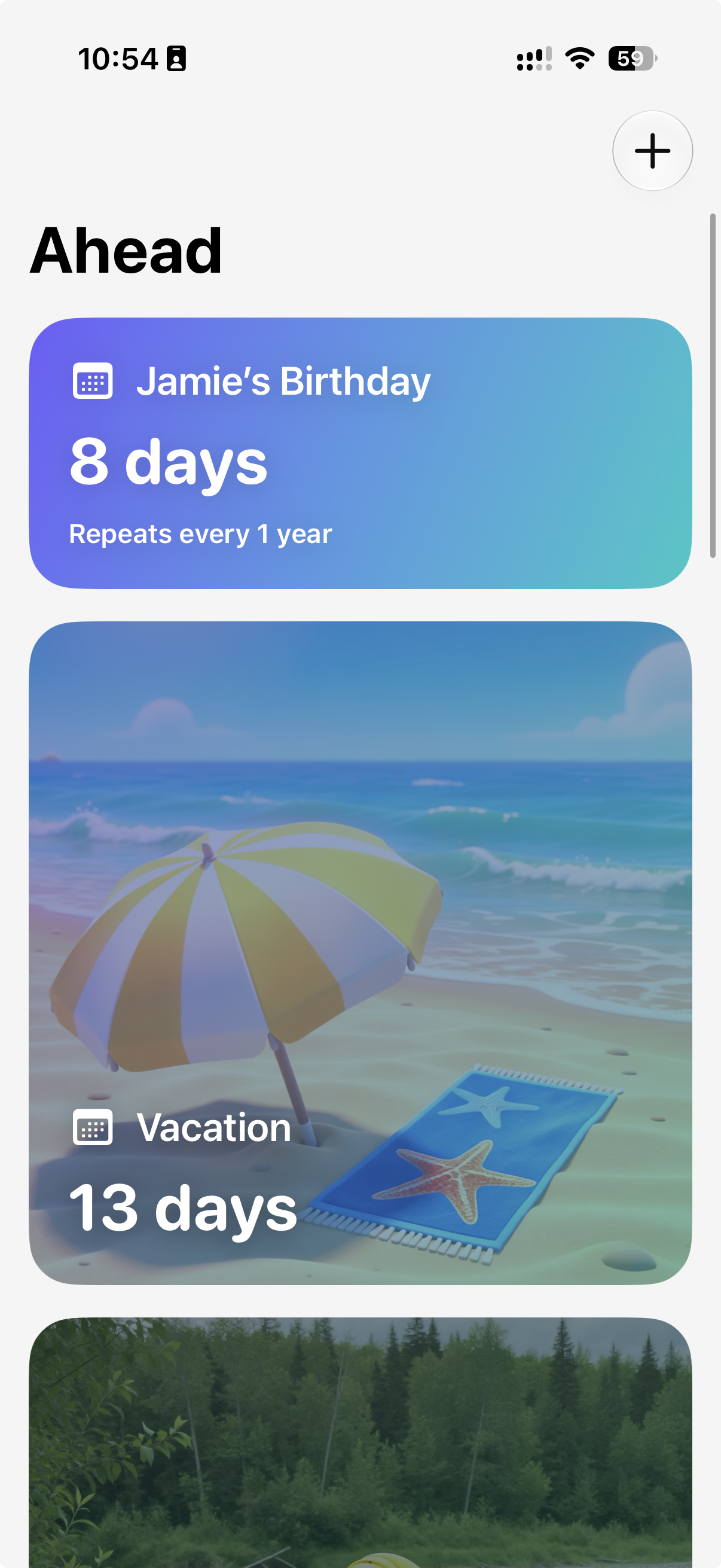 Ahead app showing birthday, holiday, and recurring countdown cards